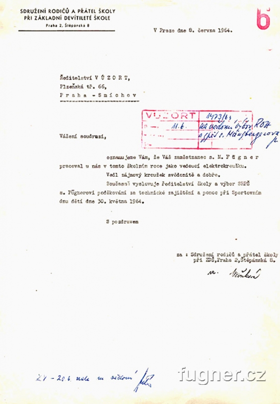 Obr. 10. Poděkování  SRPŠ - VÚZORT - Den dětí v roce 1964, základní škola ve Štěpánské ulici v Praze.