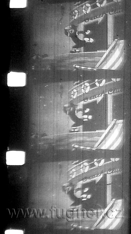 Obr.5.  Němá, hořlavá 16mm kopie, 16obr/sec.  „Kocour Tabby u Slaného jezera" . Všimněte si lichoběžníkového obrazu, vzniklého filmováním plátna zprava.